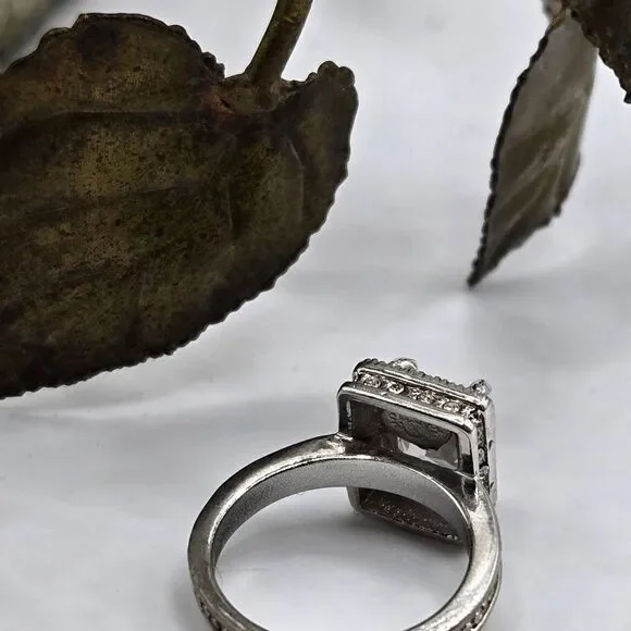 "5/$25" Silvertone CZ Pave Halo Square Solitaire Cocktail Ring Sz 6.25 - Picture 2 of 7